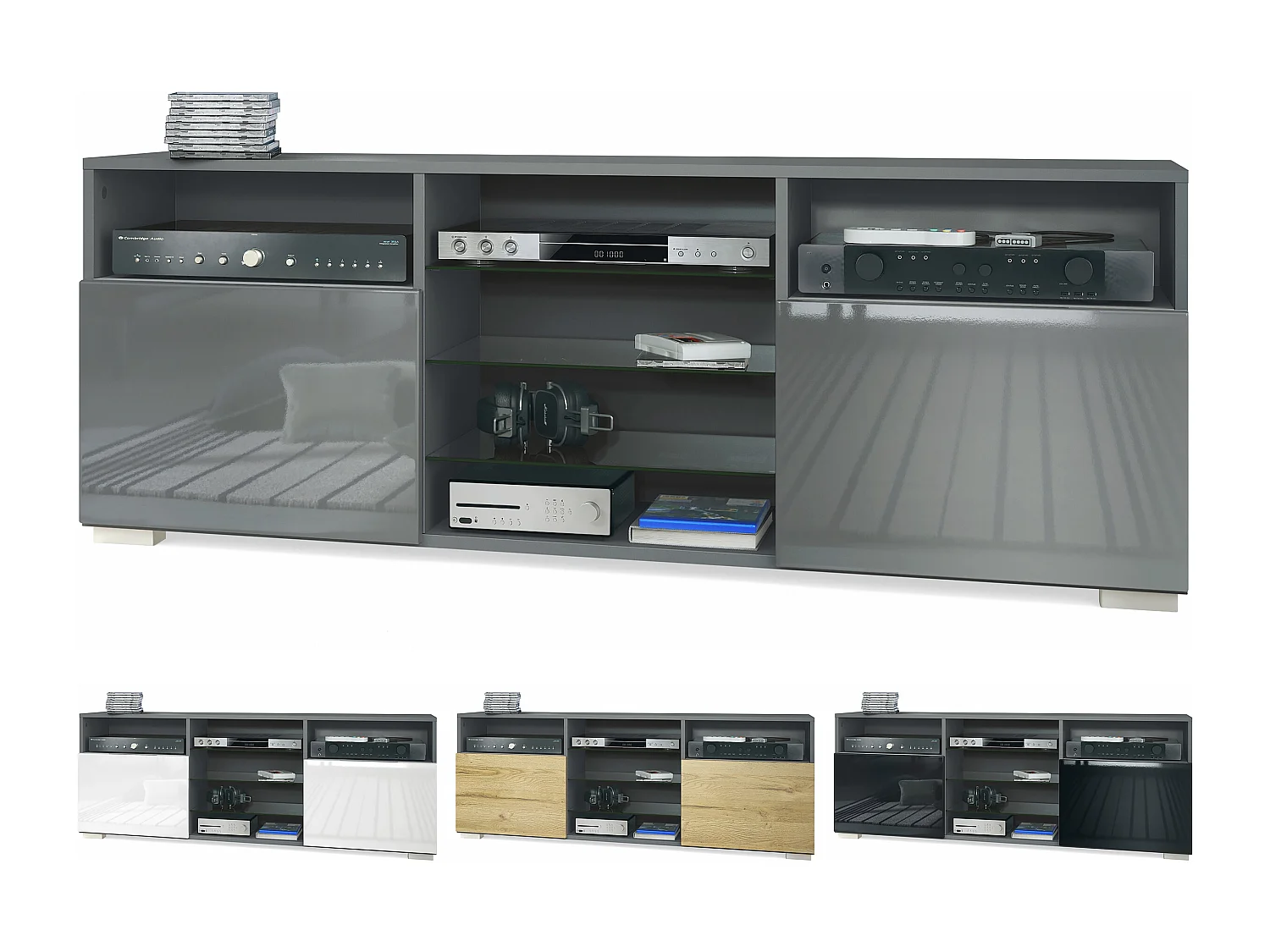 Meuble TV Granada, Lowboard avec 2 portes et 6 compartiments ouverts, corps anthracite mat, façades en gris haute brillance (146 x 54 x 35 cm)