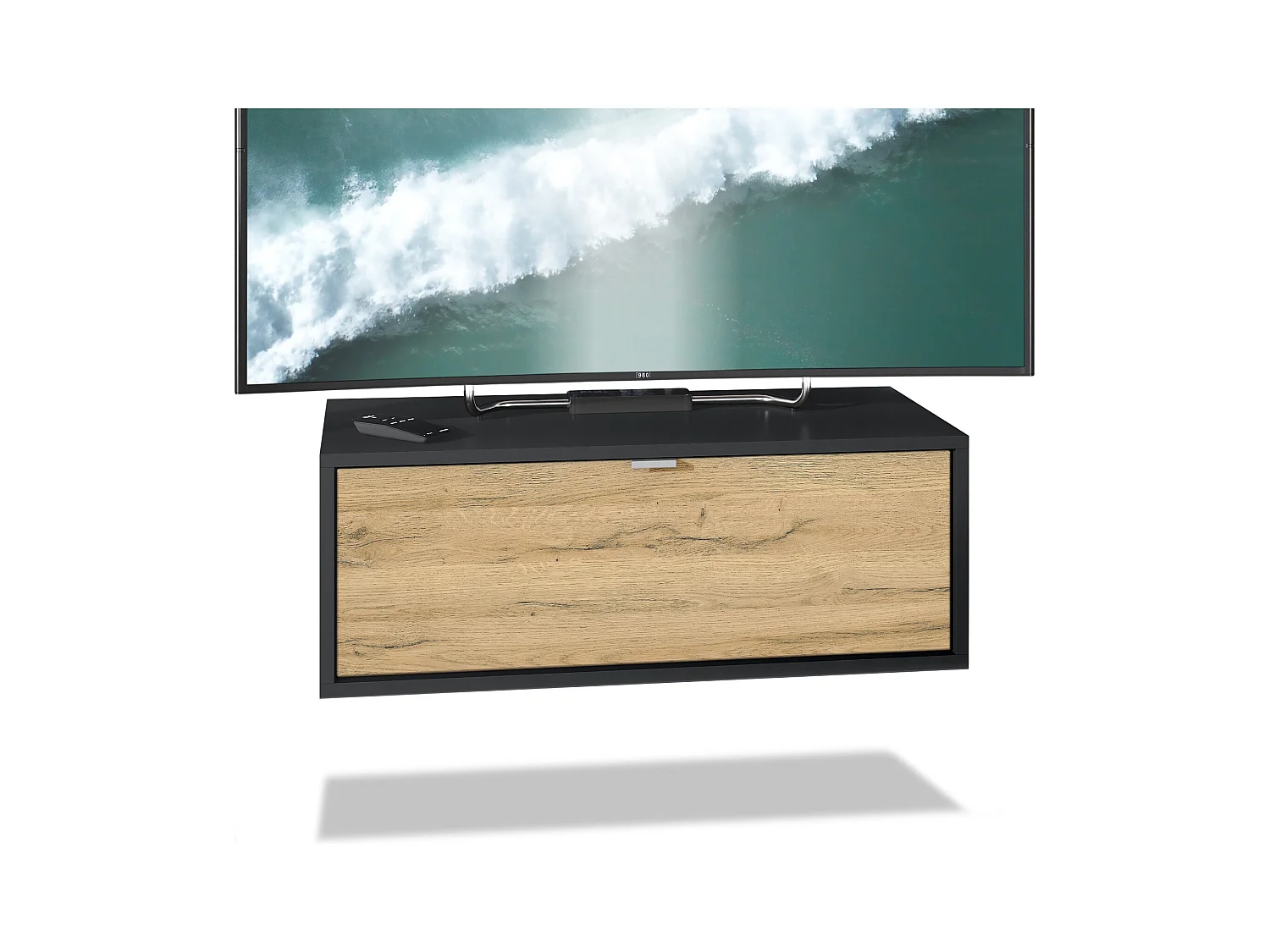 Meuble TV Lana 80 armoire murale lowboard 80 x 29 x 37 cm, caisson en noir mat, façades en chêne nature | Grand choix de couleurs