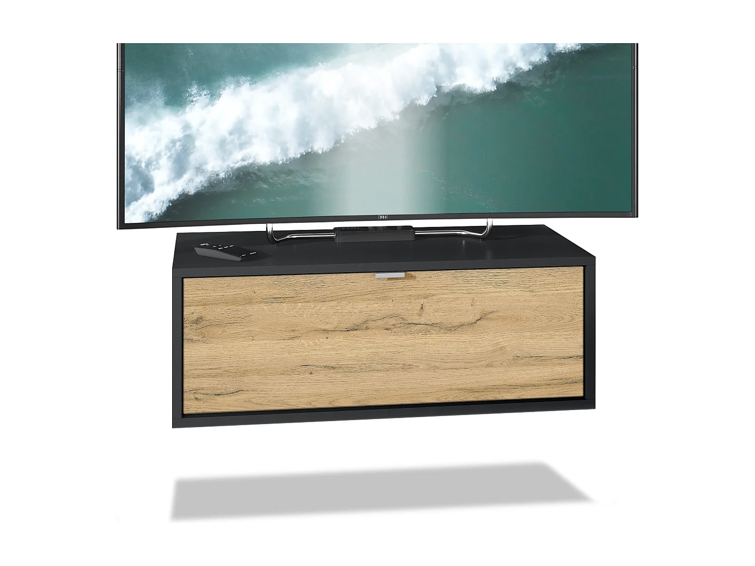 Meuble TV Lana 80 armoire murale lowboard 80 x 29 x 37 cm, caisson en noir mat, façades en chêne nature | Grand choix de couleurs