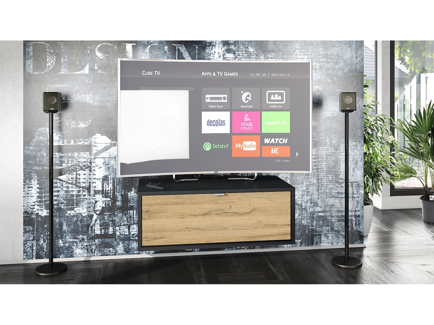 Meuble TV Lana 80 armoire murale lowboard 80 x 29 x 37 cm, caisson en noir mat, façades en chêne nature | Grand choix de couleurs