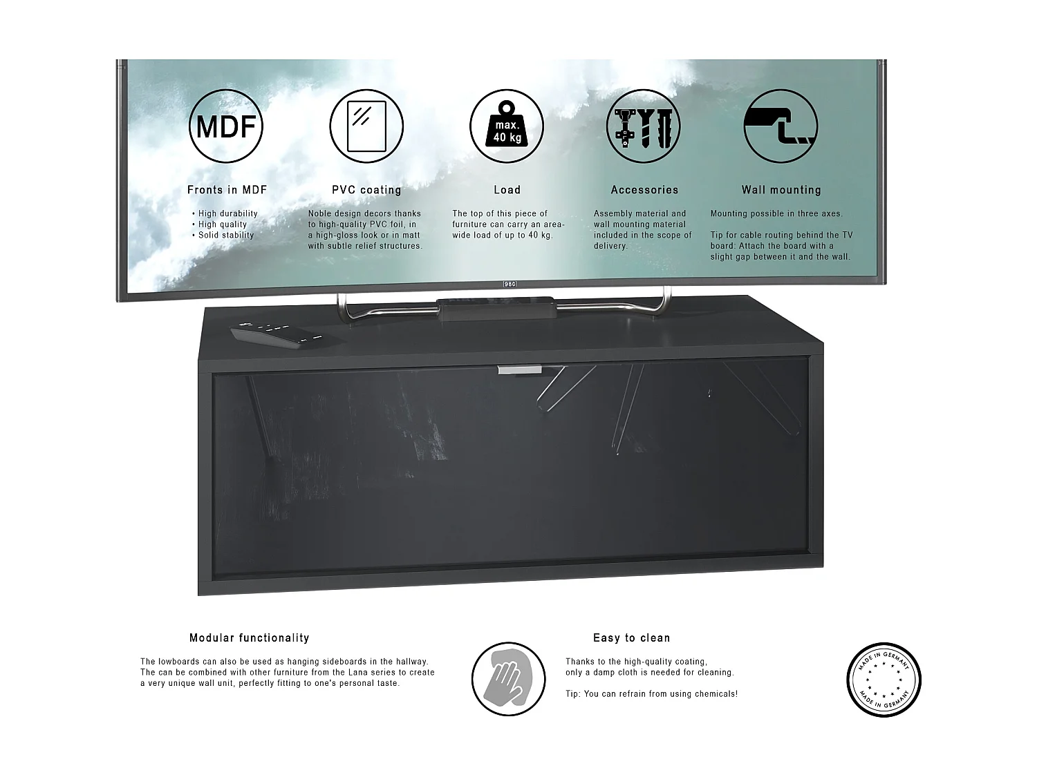 Meuble TV Lana 80 armoire murale lowboard 80 x 29 x 37 cm, caisson en noir mat, façades en chêne nature | Grand choix de couleurs