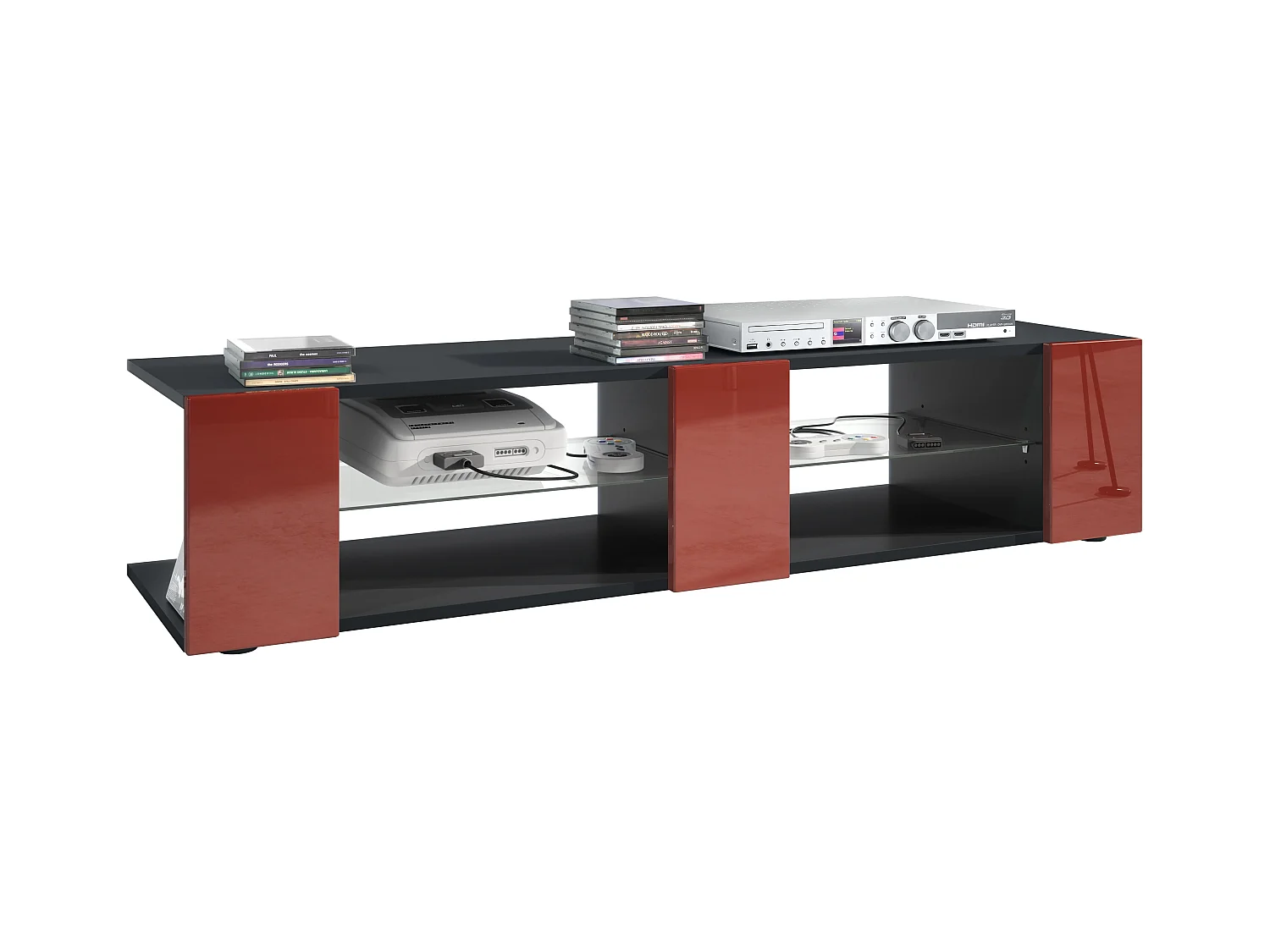 Buffet bas Movie V2, Meuble TV avec 6 compartiments ouverts et placages décoratifs, Noir mat/Bordeaux haute brillance (134 x 29 x 39 cm)