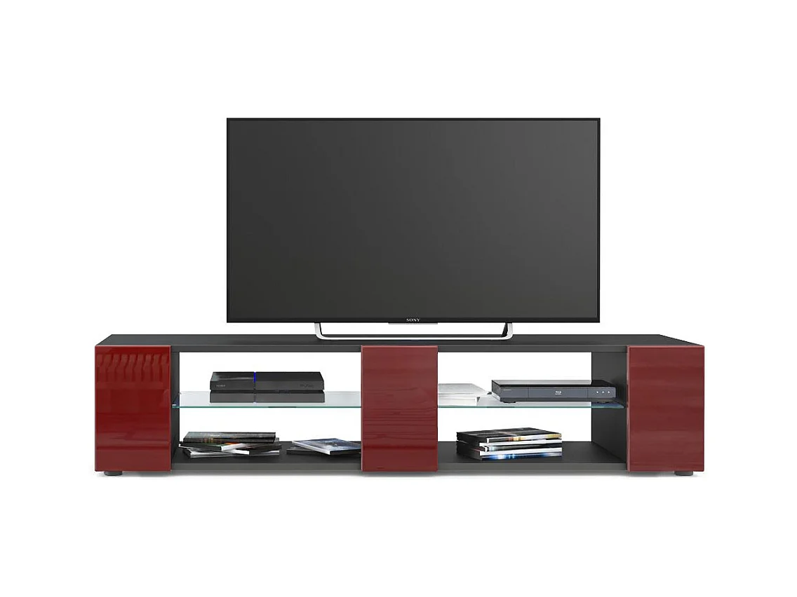 Buffet bas Movie V2, Meuble TV avec 6 compartiments ouverts et placages décoratifs, Noir mat/Bordeaux haute brillance (134 x 29 x 39 cm)