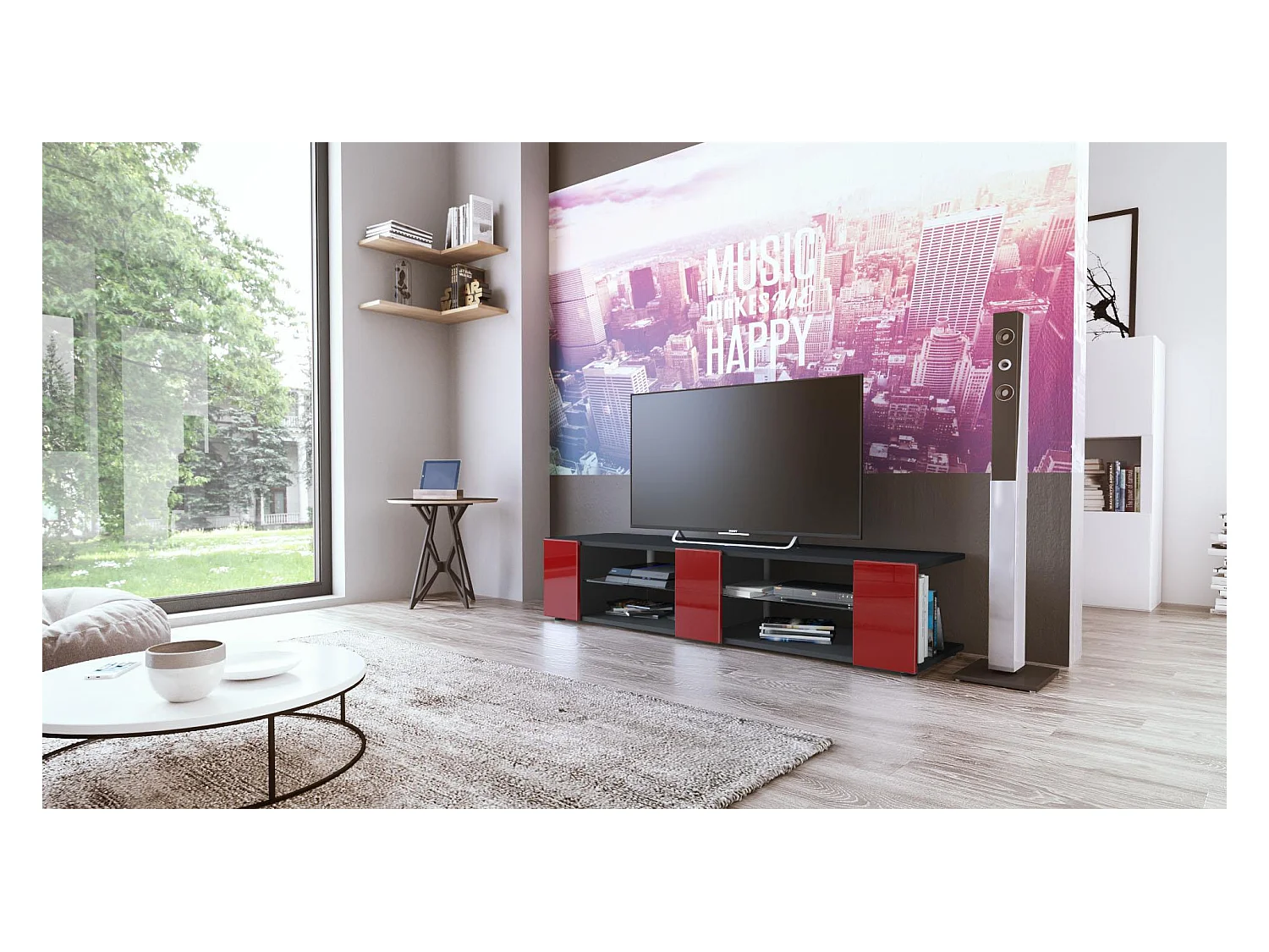 Buffet bas Movie V2, Meuble TV avec 6 compartiments ouverts et placages décoratifs, Noir mat/Bordeaux haute brillance (134 x 29 x 39 cm)