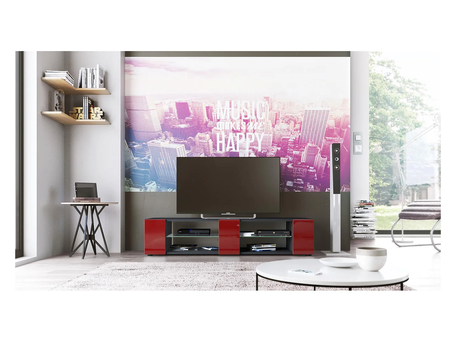 Buffet bas Movie V2, Meuble TV avec 6 compartiments ouverts et placages décoratifs, Noir mat/Bordeaux haute brillance (134 x 29 x 39 cm)