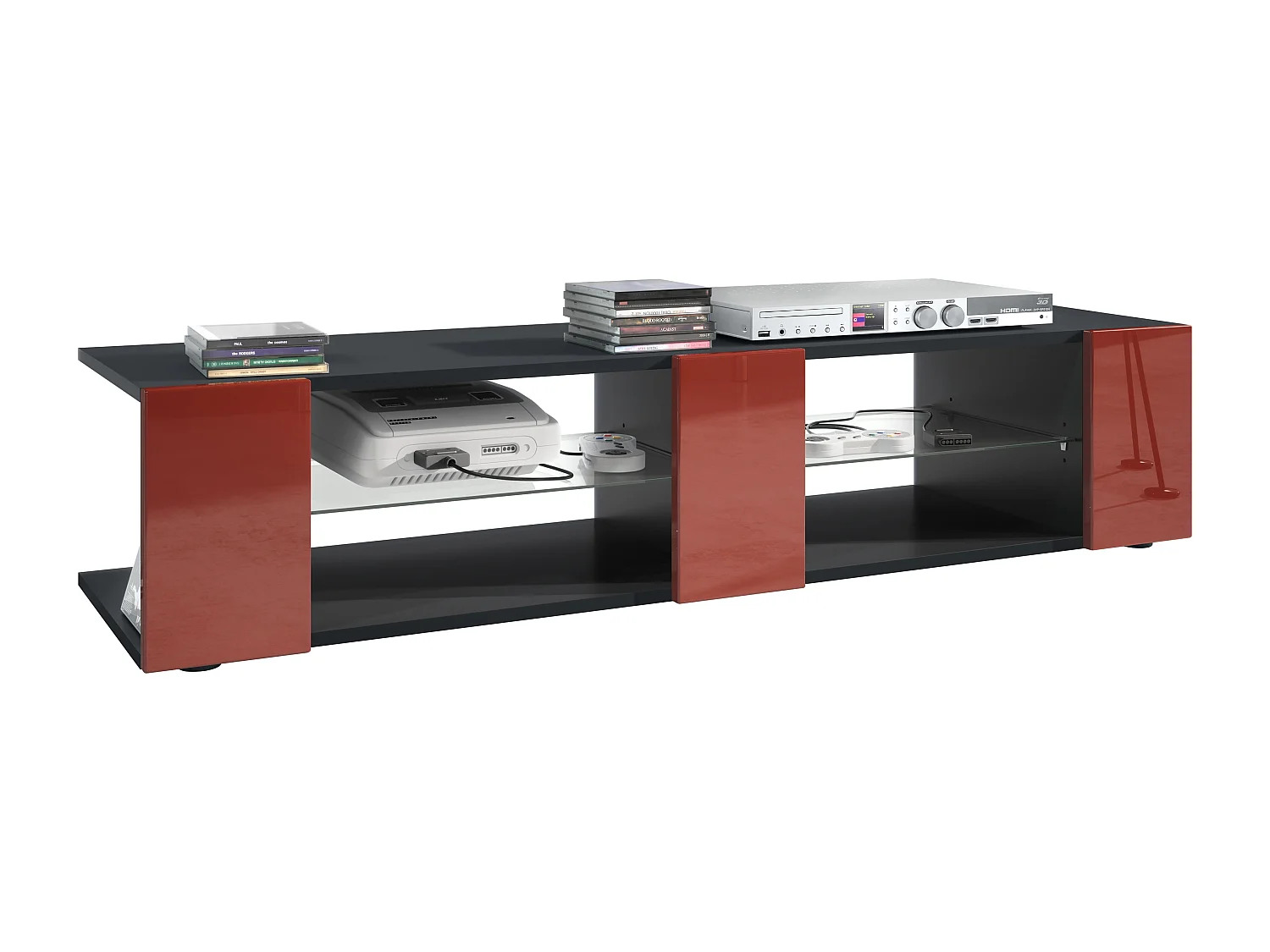 Buffet bas Movie V2, Meuble TV avec 6 compartiments ouverts et placages décoratifs, Noir mat/Bordeaux haute brillance (134 x 29 x 39 cm)