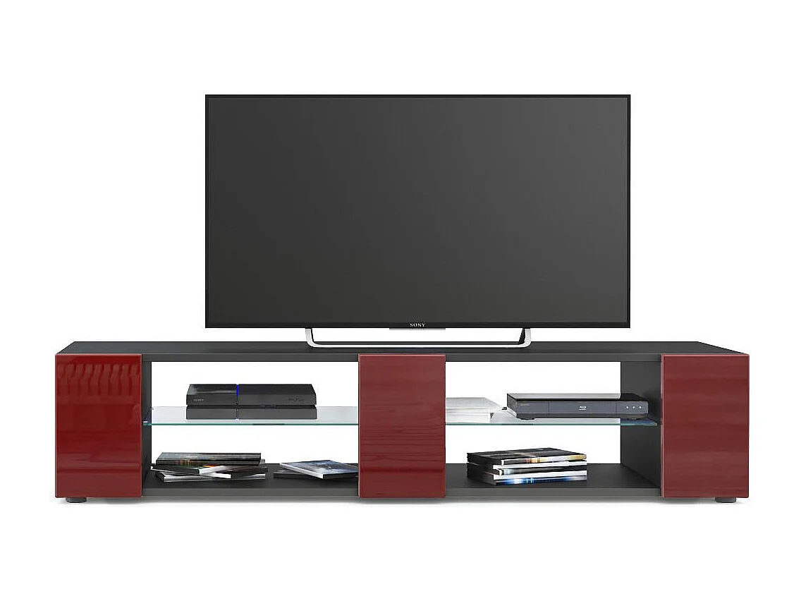 Buffet bas Movie V2, Meuble TV avec 6 compartiments ouverts et placages décoratifs, Noir mat/Bordeaux haute brillance (134 x 29 x 39 cm)
