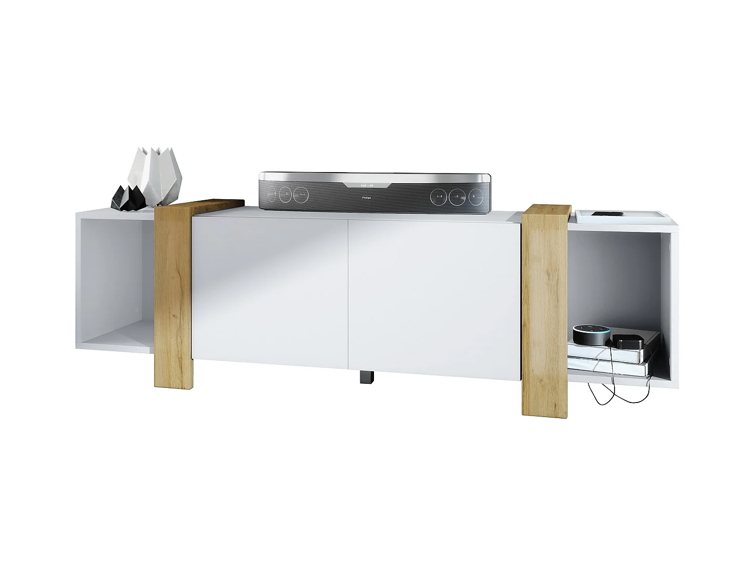 Lowboard Ida 149 x 45,5 x 34 cm Buffet TV avec 4 compartiments et portes PTO, caisson en blanc mat, façades en Chêne Nature | Grand choix de couleurs