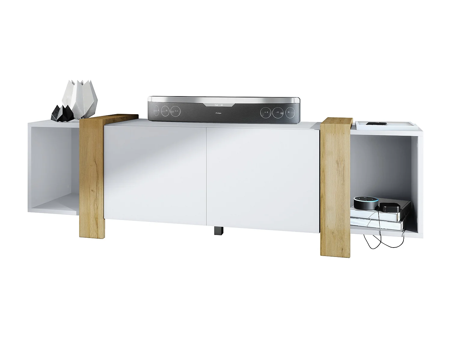 Lowboard Ida 149 x 45,5 x 34 cm Buffet TV avec 4 compartiments et portes PTO, caisson en blanc mat, façades en Chêne Nature | Grand choix de couleurs