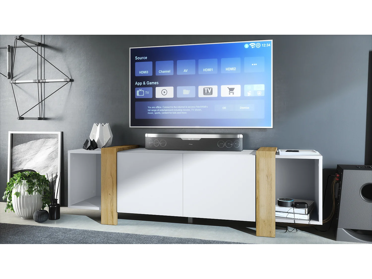 Lowboard Ida 149 x 45,5 x 34 cm Buffet TV avec 4 compartiments et portes PTO, caisson en blanc mat, façades en Chêne Nature | Grand choix de couleurs