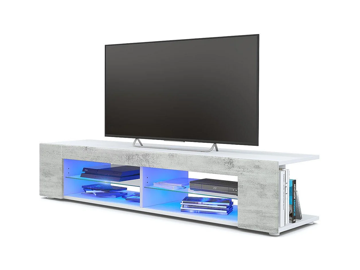 Buffet bas Movie, Meuble TV avec 4 compartiments ouverts et placages décoratifs, Blanc mat/Aspect Béton Oxyde, éclairage LED bleu inclus (134 x 29 x 39 cm)