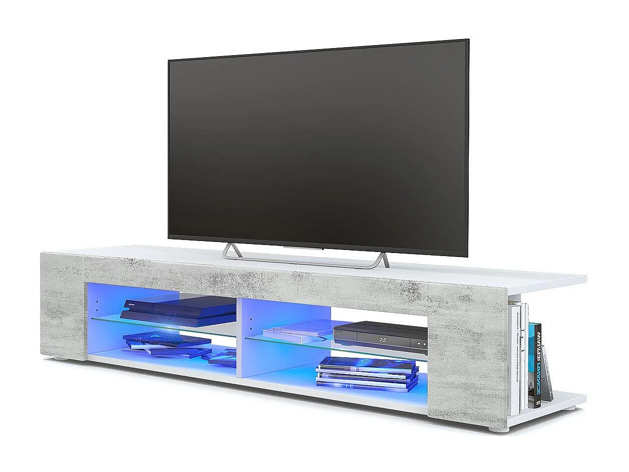 Buffet bas Movie, Meuble TV avec 4 compartiments ouverts et placages décoratifs, Blanc mat/Aspect Béton Oxyde, éclairage LED bleu inclus (134 x 29 x 39 cm)