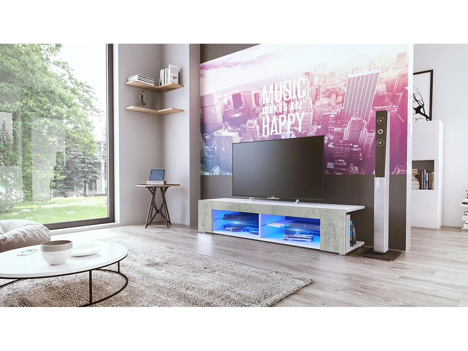 Buffet bas Movie, Meuble TV avec 4 compartiments ouverts et placages décoratifs, Blanc mat/Aspect Béton Oxyde, éclairage LED bleu inclus (134 x 29 x 39 cm)