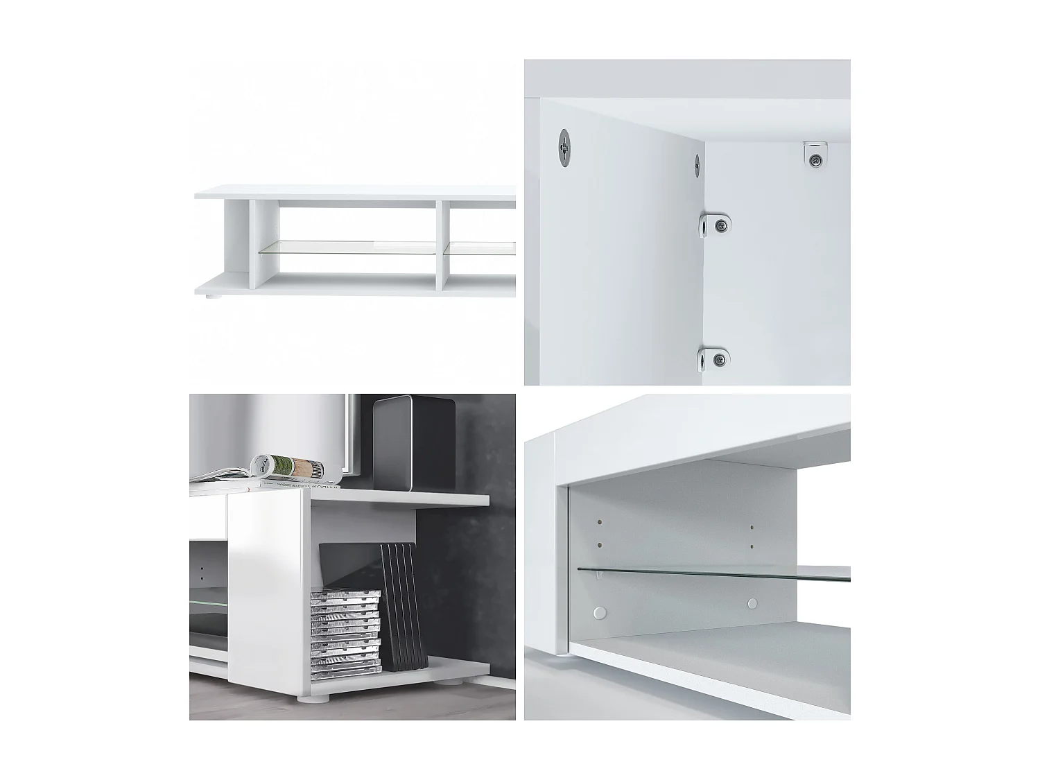 Buffet bas Movie, Meuble TV avec 4 compartiments ouverts et placages décoratifs, Blanc mat/Aspect Béton Oxyde, éclairage LED bleu inclus (134 x 29 x 39 cm)