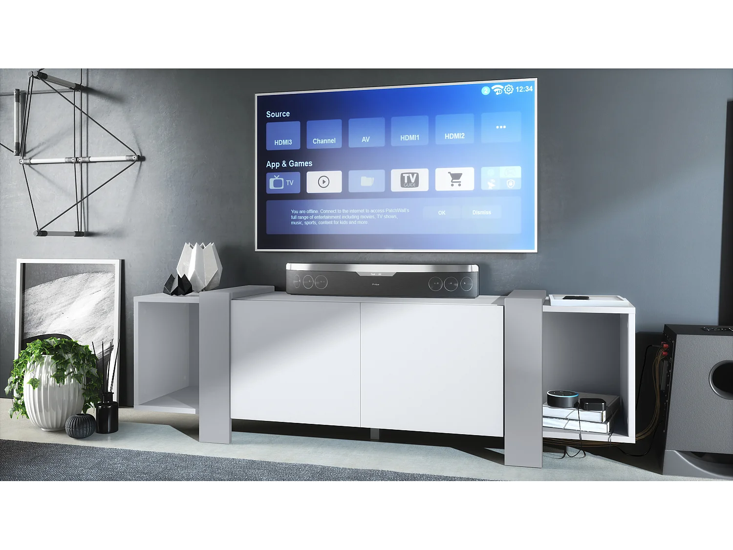 Lowboard Ida 149 x 45,5 x 34 cm Buffet TV avec 4 compartiments et portes PTO, caisson en blanc mat, façades en Gris clair satiné mat | Grand choix de couleurs