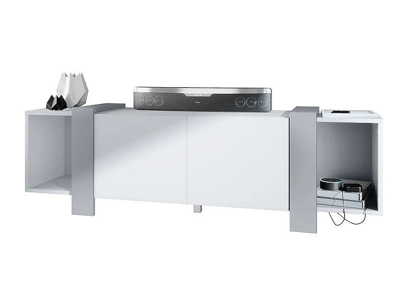Lowboard Ida 149 x 45,5 x 34 cm Buffet TV avec 4 compartiments et portes PTO, caisson en blanc mat, façades en Gris clair satiné mat | Grand choix de couleurs