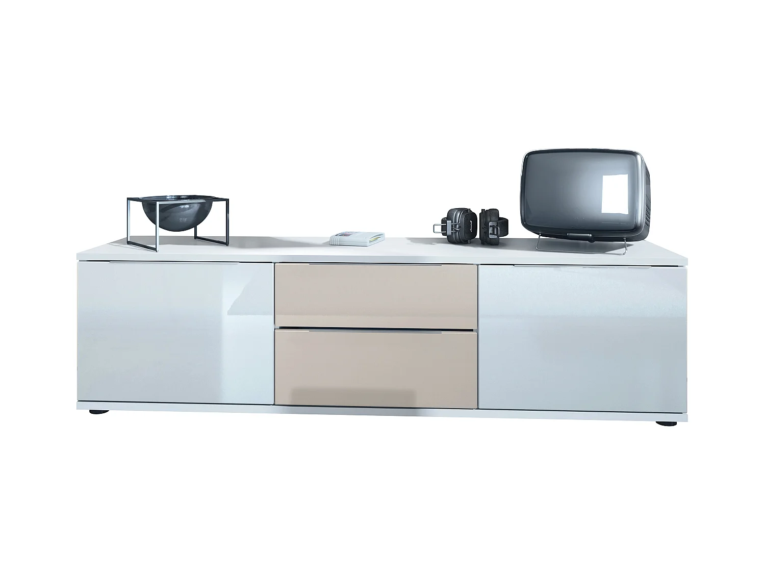 TV lowboard Linio V1, mesa TV con 2 puertas y 2 cajones - Blanco / gris arena de alto brillo (138,5 x 37,5 x 35 cm)