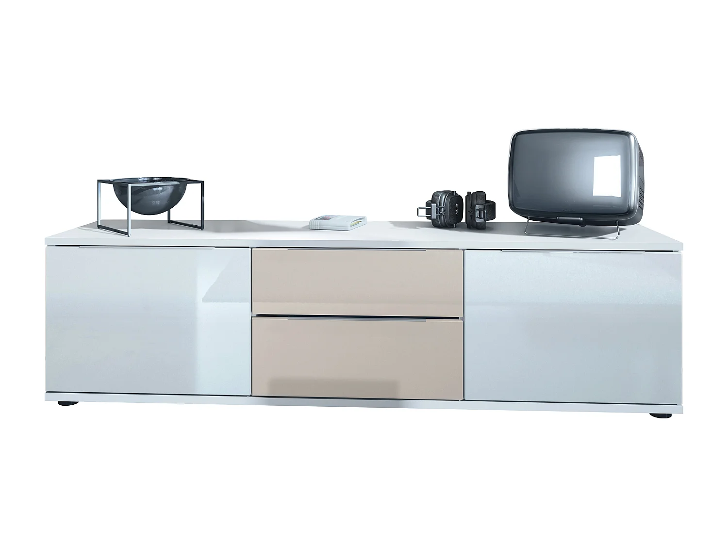 Buffet TV Linio V1, Table de télévision avec 2 portes et 2 tiroirs - Blanc / gris sable haute brillance (138,5 x 37,5 x 35 cm)