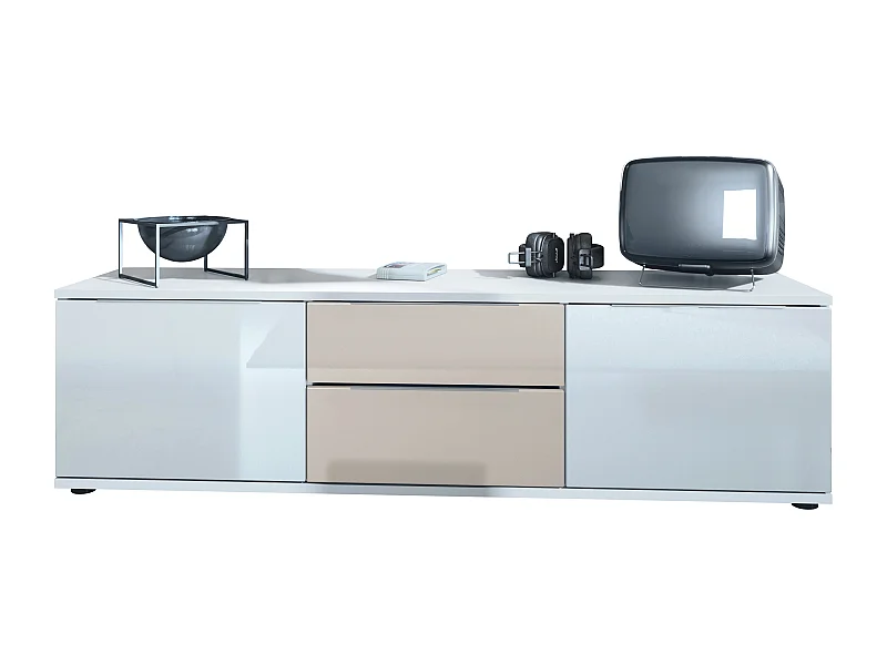 Buffet TV Linio V1, Table de télévision avec 2 portes et 2 tiroirs - Blanc / gris sable haute brillance (138,5 x 37,5 x 35 cm)