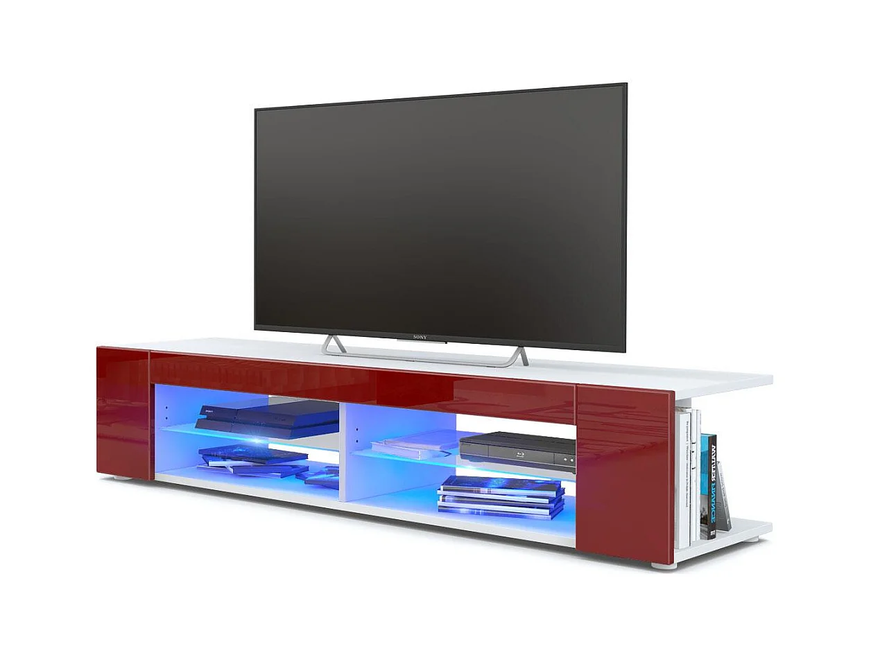 Buffet bas Movie, Meuble TV avec 4 compartiments ouverts et placages décoratifs, Blanc mat/Bordeaux brillant, éclairage LED bleu inclus (134 x 29 x 39 cm)