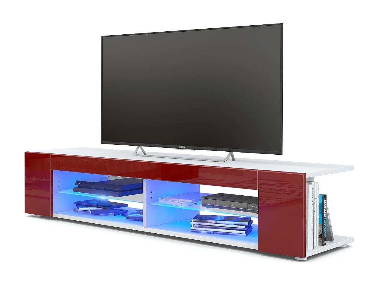 Buffet bas Movie, Meuble TV avec 4 compartiments ouverts et placages décoratifs, Blanc mat/Bordeaux brillant, éclairage LED bleu inclus (134 x 29 x 39 cm)