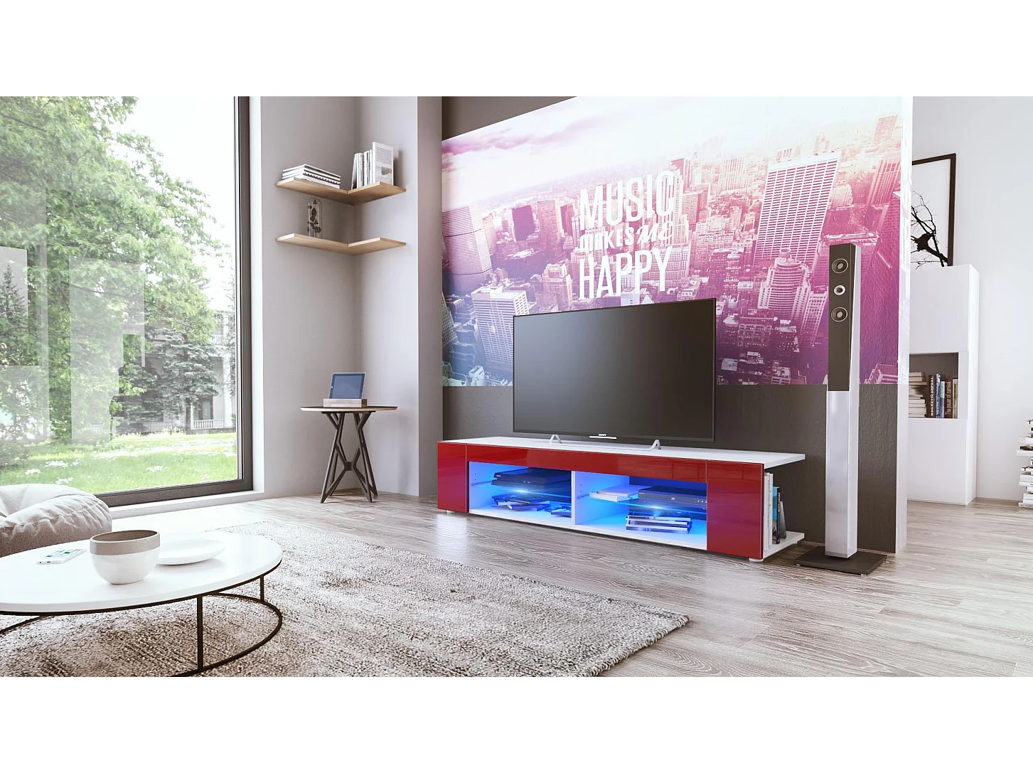 Buffet bas Movie, Meuble TV avec 4 compartiments ouverts et placages décoratifs, Blanc mat/Bordeaux brillant, éclairage LED bleu inclus (134 x 29 x 39 cm)