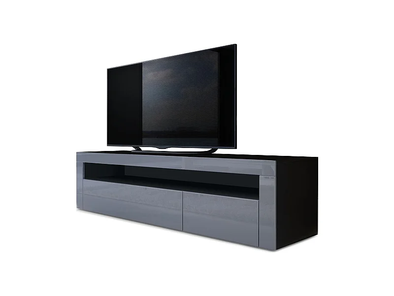 Buffet bas Valencia, Meuble TV avec 1 compartiment ouvert et 2 clapets, Noir mat/gris haute brillance/gris haute brillance (155 x 46 x 40 cm)