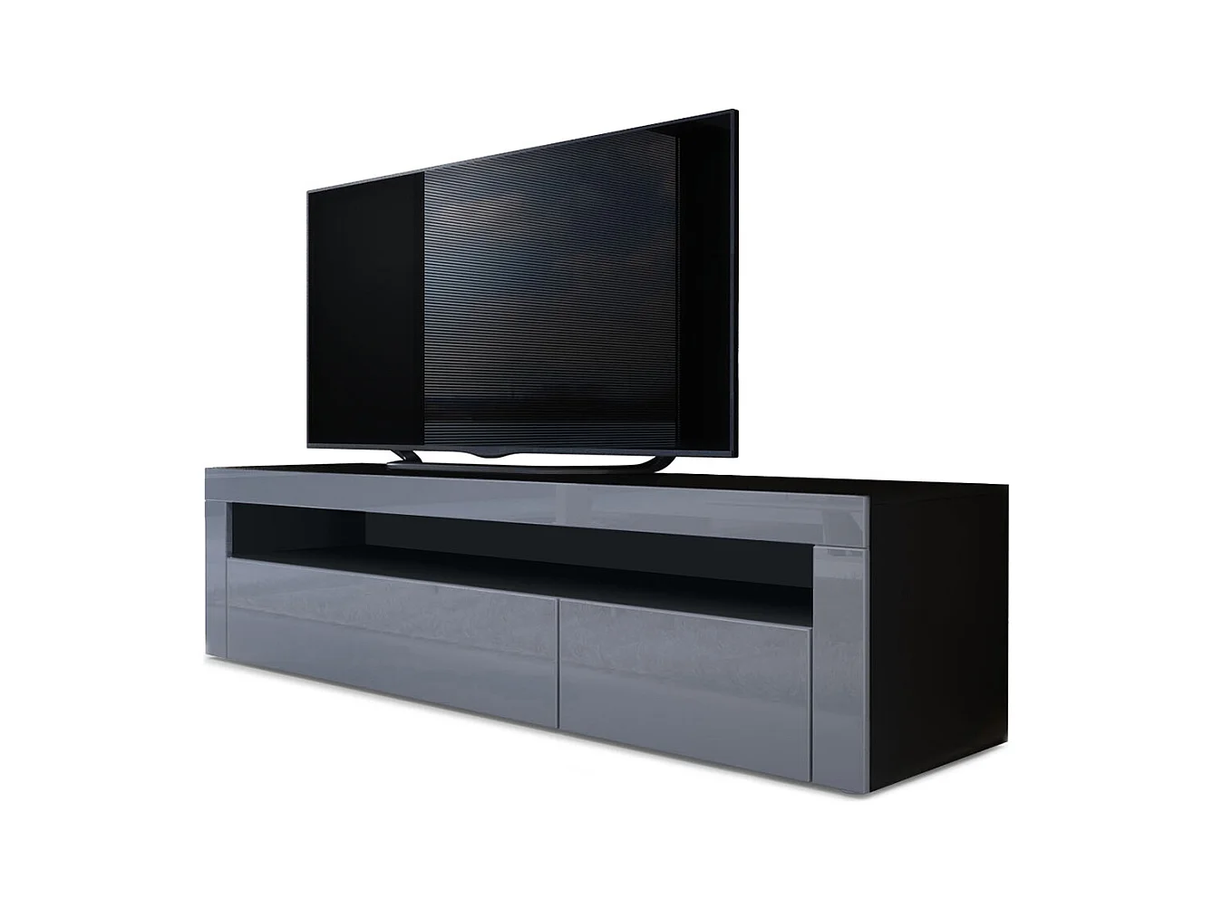 Buffet bas Valencia, Meuble TV avec 1 compartiment ouvert et 2 clapets, Noir mat/gris haute brillance/gris haute brillance (155 x 46 x 40 cm)