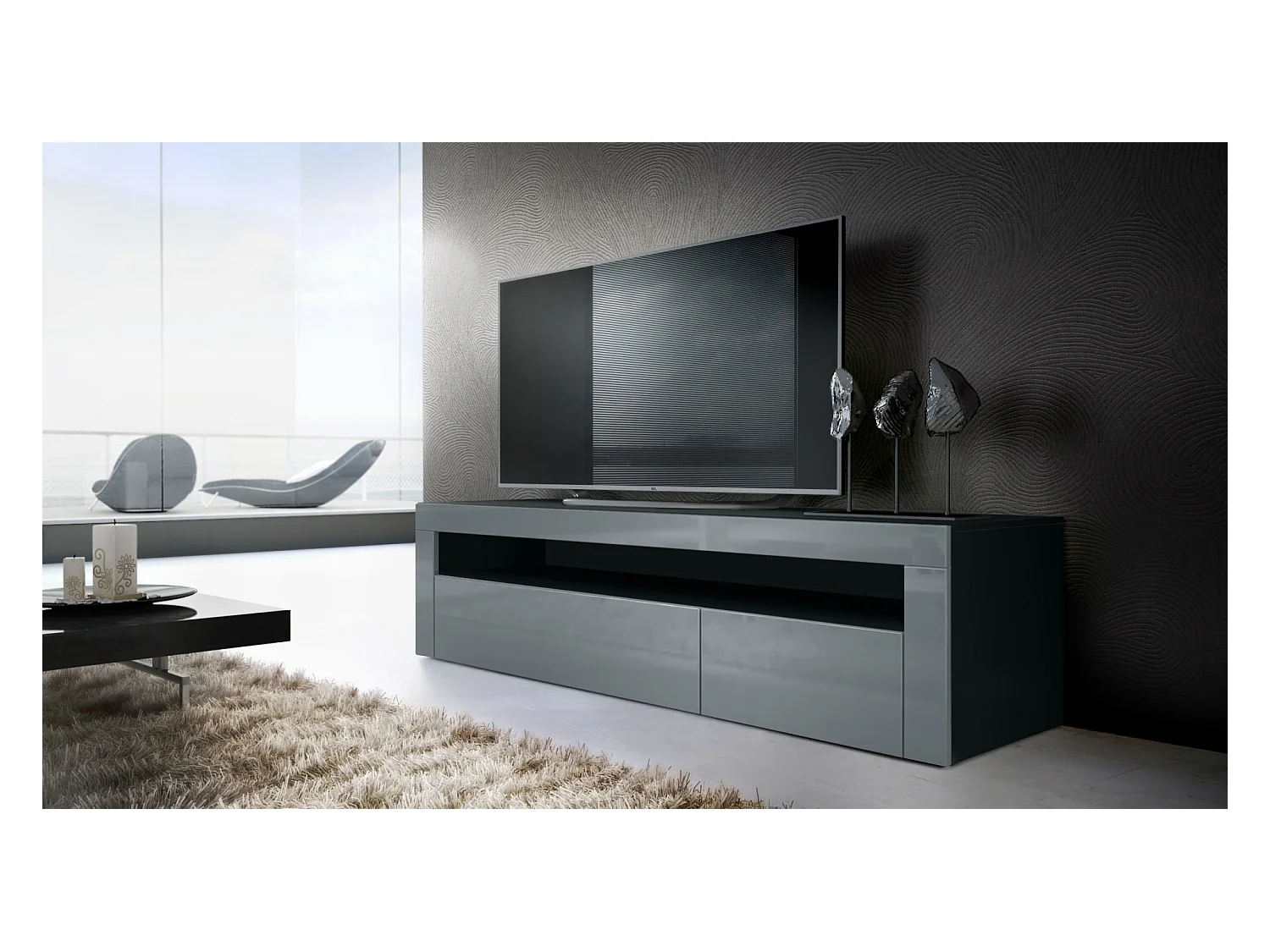 Buffet bas Valencia, Meuble TV avec 1 compartiment ouvert et 2 clapets, Noir mat/gris haute brillance/gris haute brillance (155 x 46 x 40 cm)