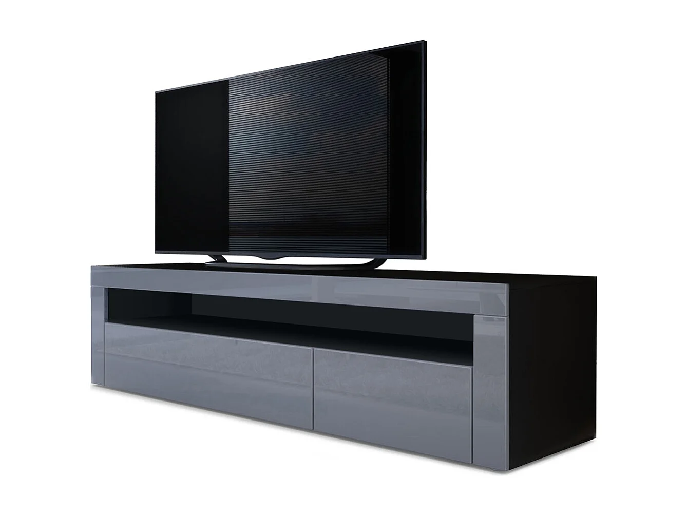 Mobiletto  Valencia, mobile TV con 1 vano a giorno e 2 ante a ribalta, nero opaco/grigio lucido/grigio lucido (155 x 46 x 40 cm)