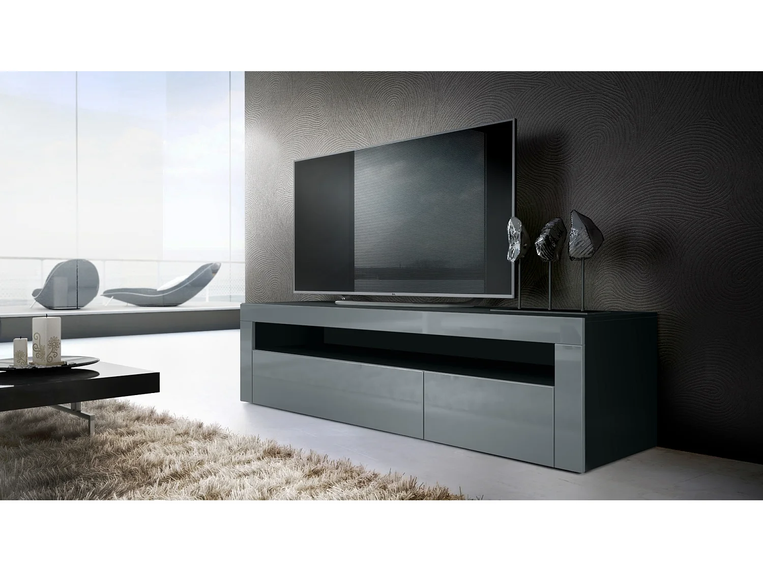 Mobiletto  Valencia, mobile TV con 1 vano a giorno e 2 ante a ribalta, nero opaco/grigio lucido/grigio lucido (155 x 46 x 40 cm)