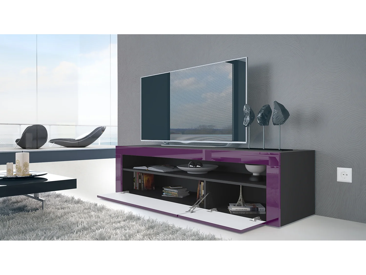 Mobiletto  Valencia, mobile TV con 1 vano a giorno e 2 ante a ribalta, nero opaco/grigio lucido/grigio lucido (155 x 46 x 40 cm)