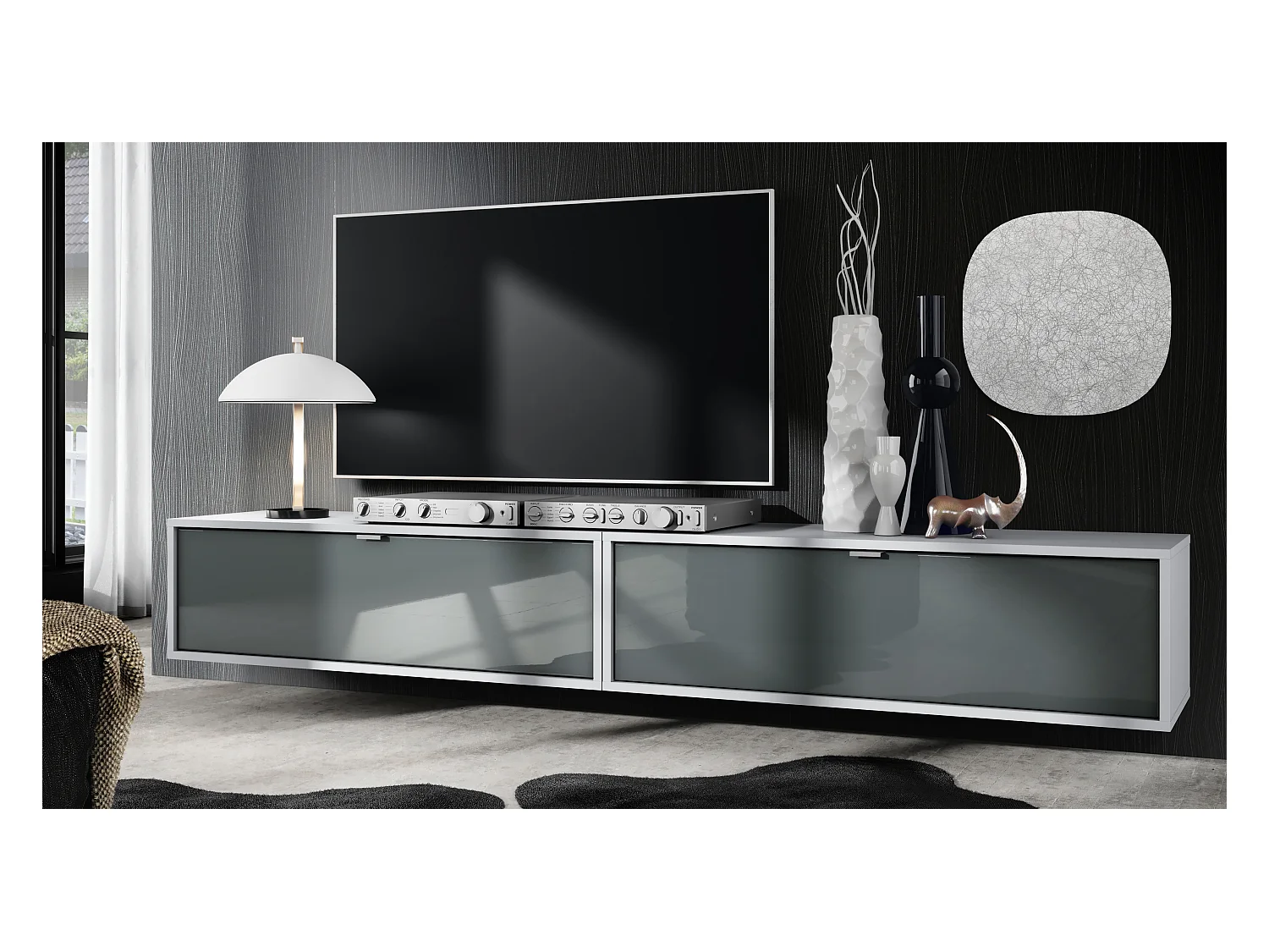 Ensemble de 2 set meuble TV Lana 100, lowboards de 100 x 29 x 37 cm chacun avec beaucoup d'espace de rangement, caisson en Blanc mat, façades en Gris brillant