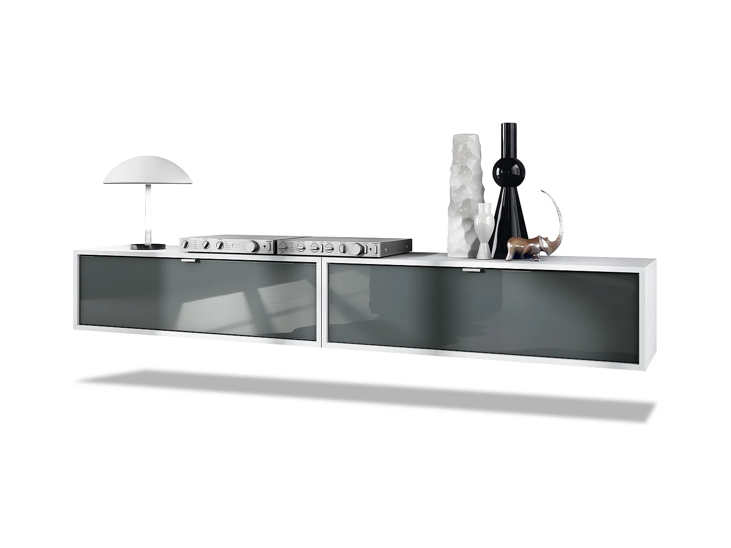 Ensemble de 2 set meuble TV Lana 100, lowboards de 100 x 29 x 37 cm chacun avec beaucoup d'espace de rangement, caisson en Blanc mat, façades en Gris brillant