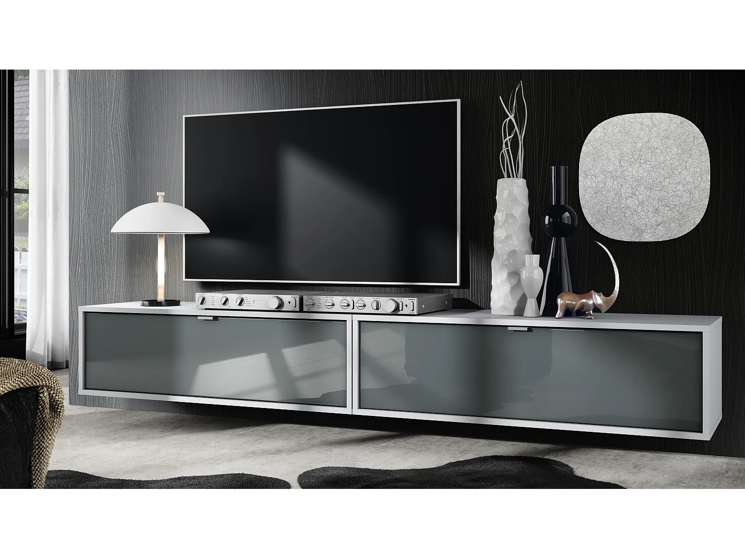 Set di mobili TV Lana 100 Porta TV a parete 100 x 29 x 37 cm ciascuno, struttura in bianco opaco, frontali in grigio lucido | Ampia scelta di colori