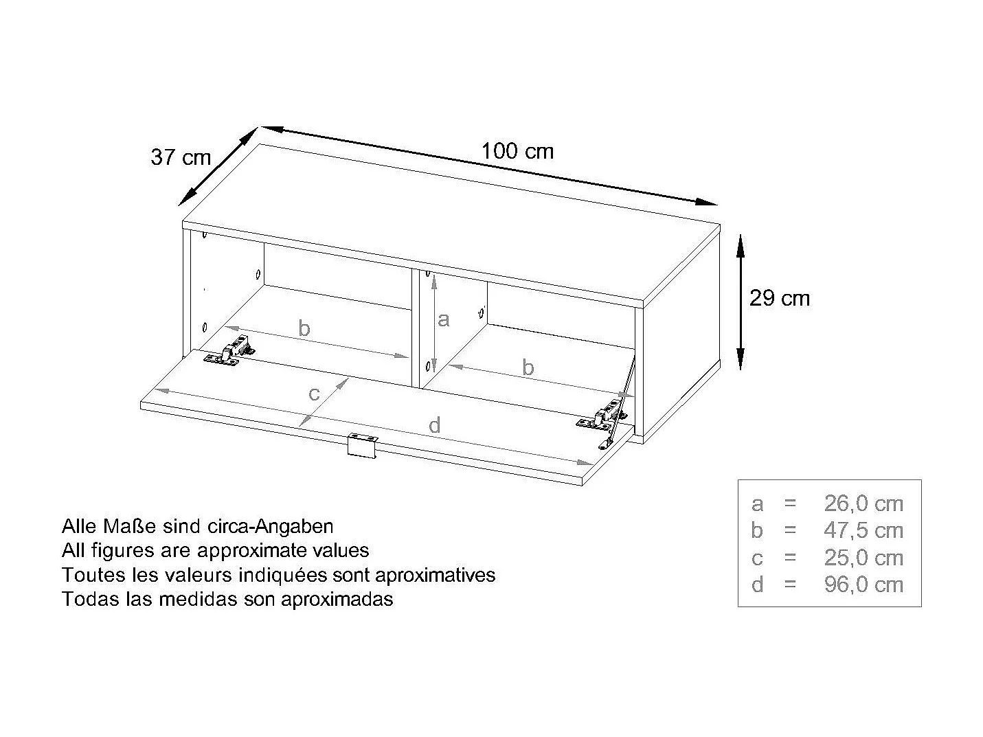 Set di mobili TV Lana 100 Porta TV a parete 100 x 29 x 37 cm ciascuno, struttura in bianco opaco, frontali in grigio lucido | Ampia scelta di colori