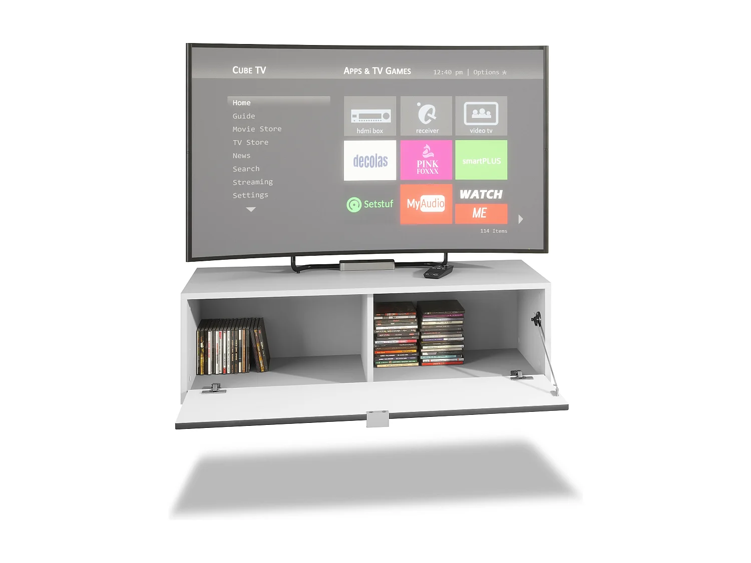 Set di mobili TV Lana 100 Porta TV a parete 100 x 29 x 37 cm ciascuno, struttura in bianco opaco, frontali in grigio lucido | Ampia scelta di colori