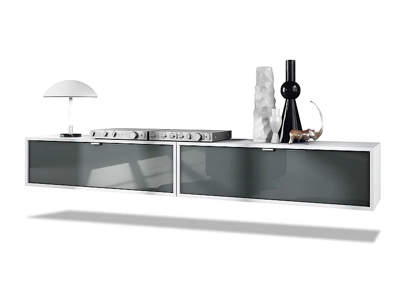 Ensemble de 2 set meuble TV Lana 100, lowboards de 100 x 29 x 37 cm chacun avec beaucoup d'espace de rangement, caisson en Blanc mat, façades en Gris brillant