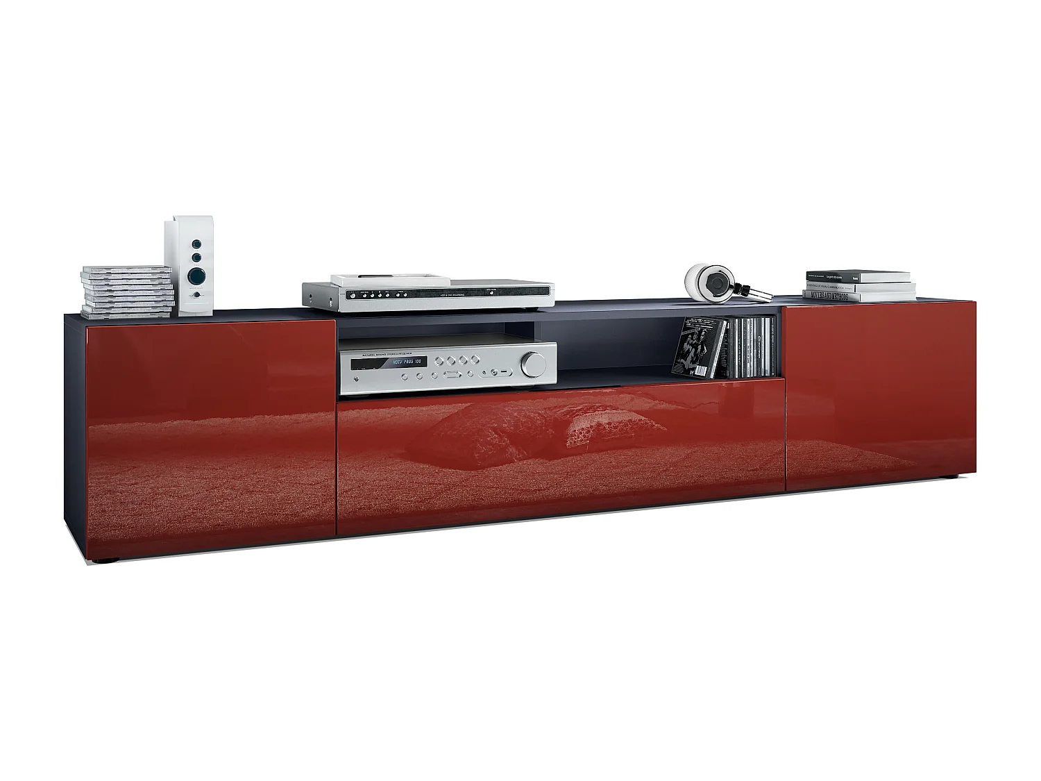 Lavagna TV Mogan 181 x 39 x 35 cm, lavagna lunga con 6 scomparti, corpo in antracite opaco, frontali in Bordeaux High Gloss