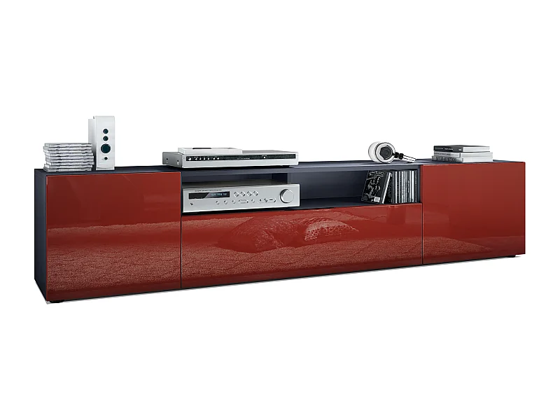 Mesa de televisión Mogan 181 x 39 x 35 cm, mesa baja con 6 compartimentos, cuerpo en Antracita mate, frentes en Burdeos de alto brillo