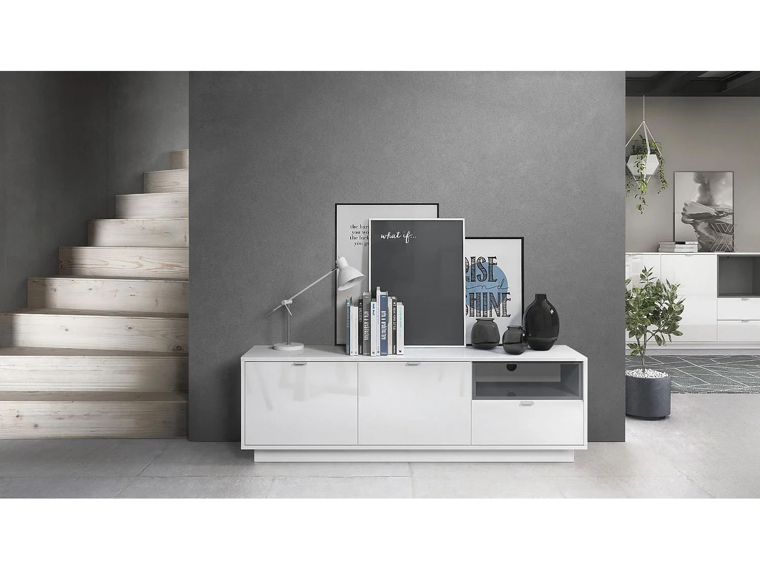 Meuble TV Armoire Metro, Corps en Blanc haute brillance / Façades en Blanc haute brillance avec une insertion en Gris haute brillance, incl. L'éclairage LED