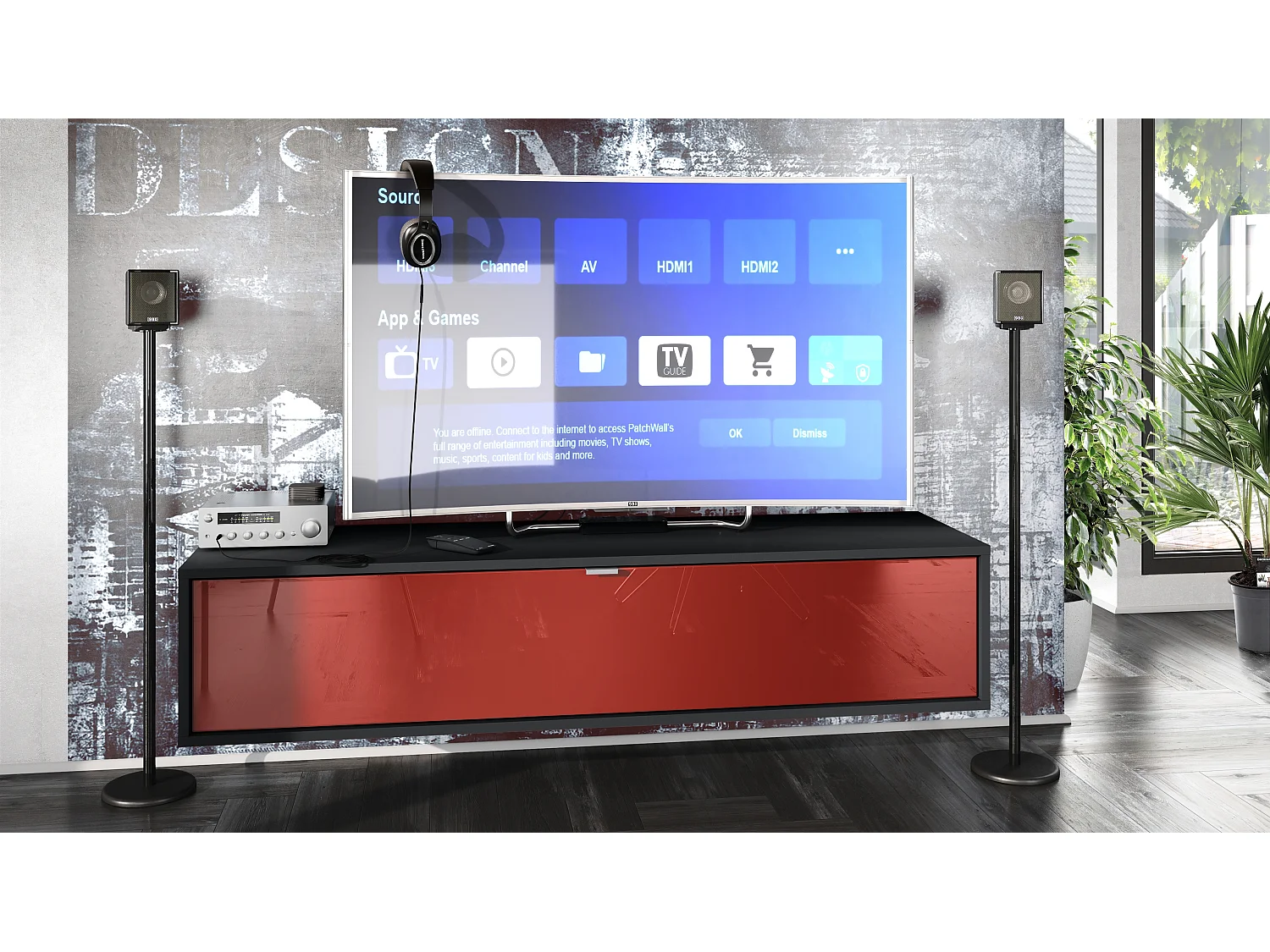 Meuble TV Lana 140 armoire murale lowboard 140 x 29 x 37 cm, caisson en Noir mat, façades en bordeaux haute brillance | Grand choix de couleurs