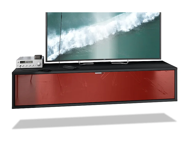 Meuble TV Lana 140 armoire murale lowboard 140 x 29 x 37 cm, caisson en Noir mat, façades en bordeaux haute brillance | Grand choix de couleurs