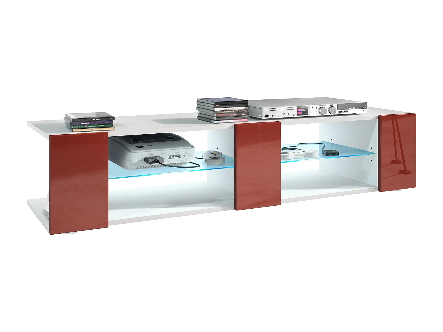 Buffet bas Movie V2, Meuble TV avec 6 compartiments ouverts et placages décoratifs, Blanc mat/Bordeaux brillant, éclairage LED bleu inclus (134 x 29 x 39 cm)