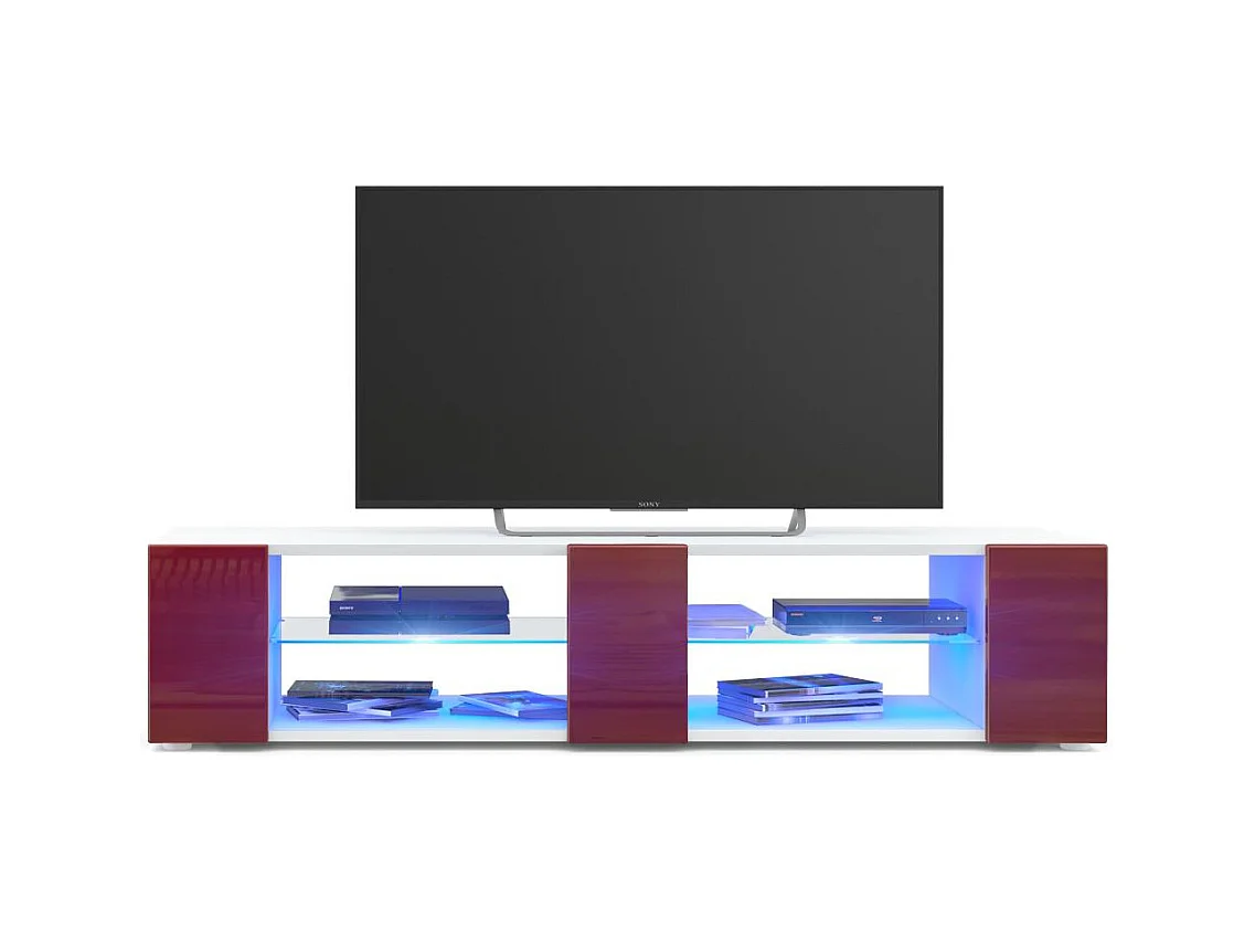 Buffet bas Movie V2, Meuble TV avec 6 compartiments ouverts et placages décoratifs, Blanc mat/Bordeaux brillant, éclairage LED bleu inclus (134 x 29 x 39 cm)