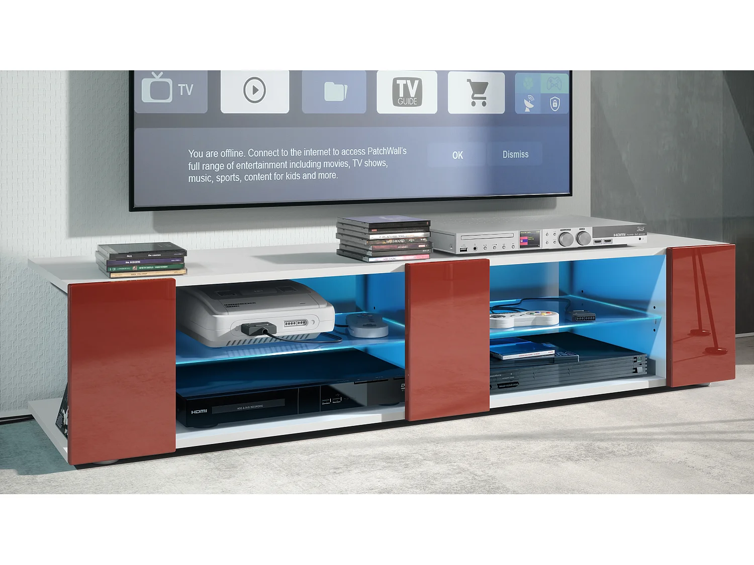 Buffet bas Movie V2, Meuble TV avec 6 compartiments ouverts et placages décoratifs, Blanc mat/Bordeaux brillant, éclairage LED bleu inclus (134 x 29 x 39 cm)