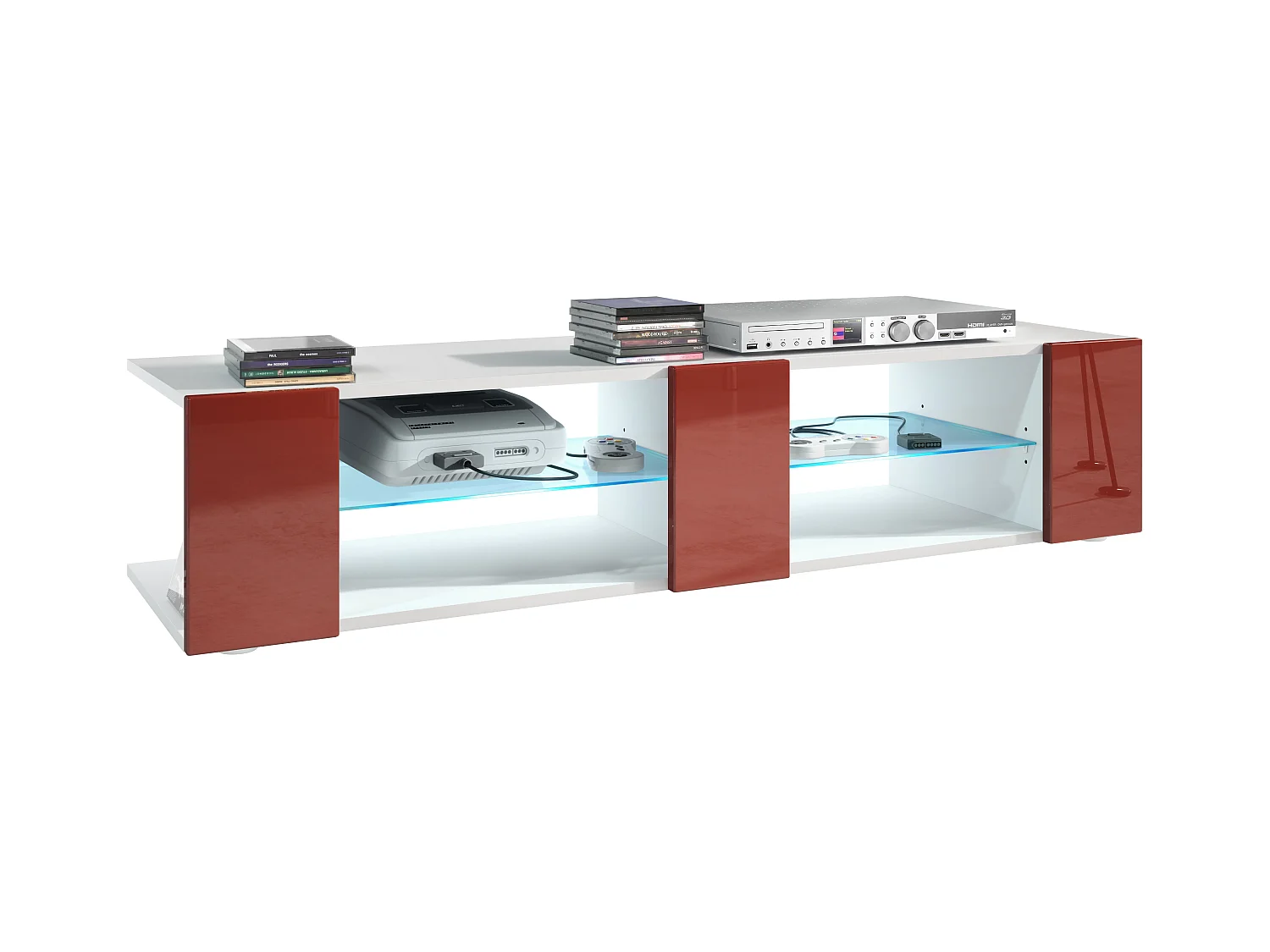 Buffet bas Movie V2, Meuble TV avec 6 compartiments ouverts et placages décoratifs, Blanc mat/Bordeaux brillant, éclairage LED bleu inclus (134 x 29 x 39 cm)