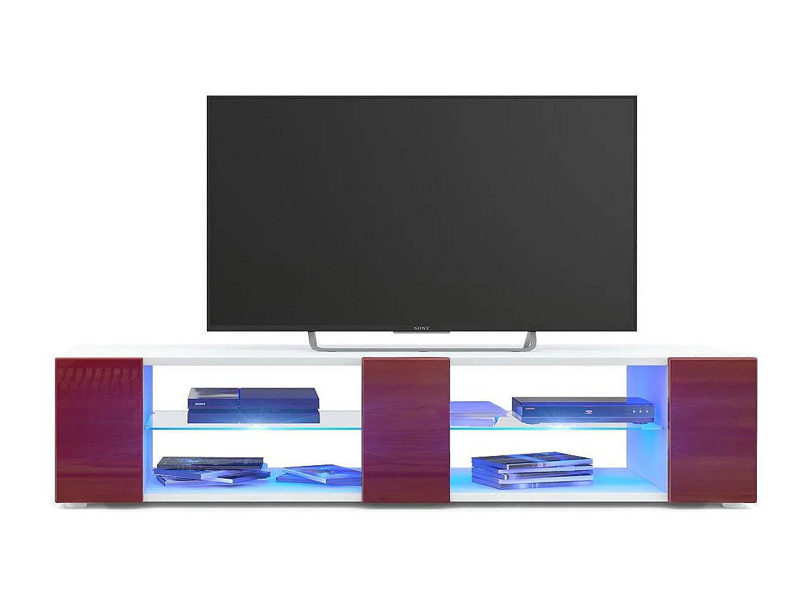 Buffet bas Movie V2, Meuble TV avec 6 compartiments ouverts et placages décoratifs, Blanc mat/Bordeaux brillant, éclairage LED bleu inclus (134 x 29 x 39 cm)