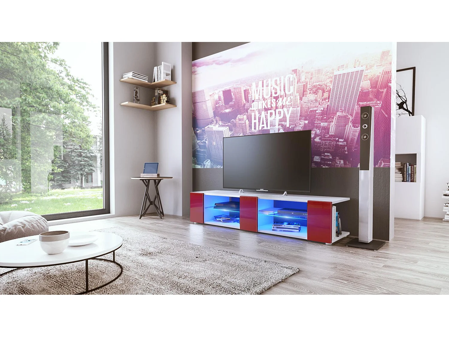 Buffet bas Movie V2, Meuble TV avec 6 compartiments ouverts et placages décoratifs, Blanc mat/Bordeaux brillant, éclairage LED bleu inclus (134 x 29 x 39 cm)