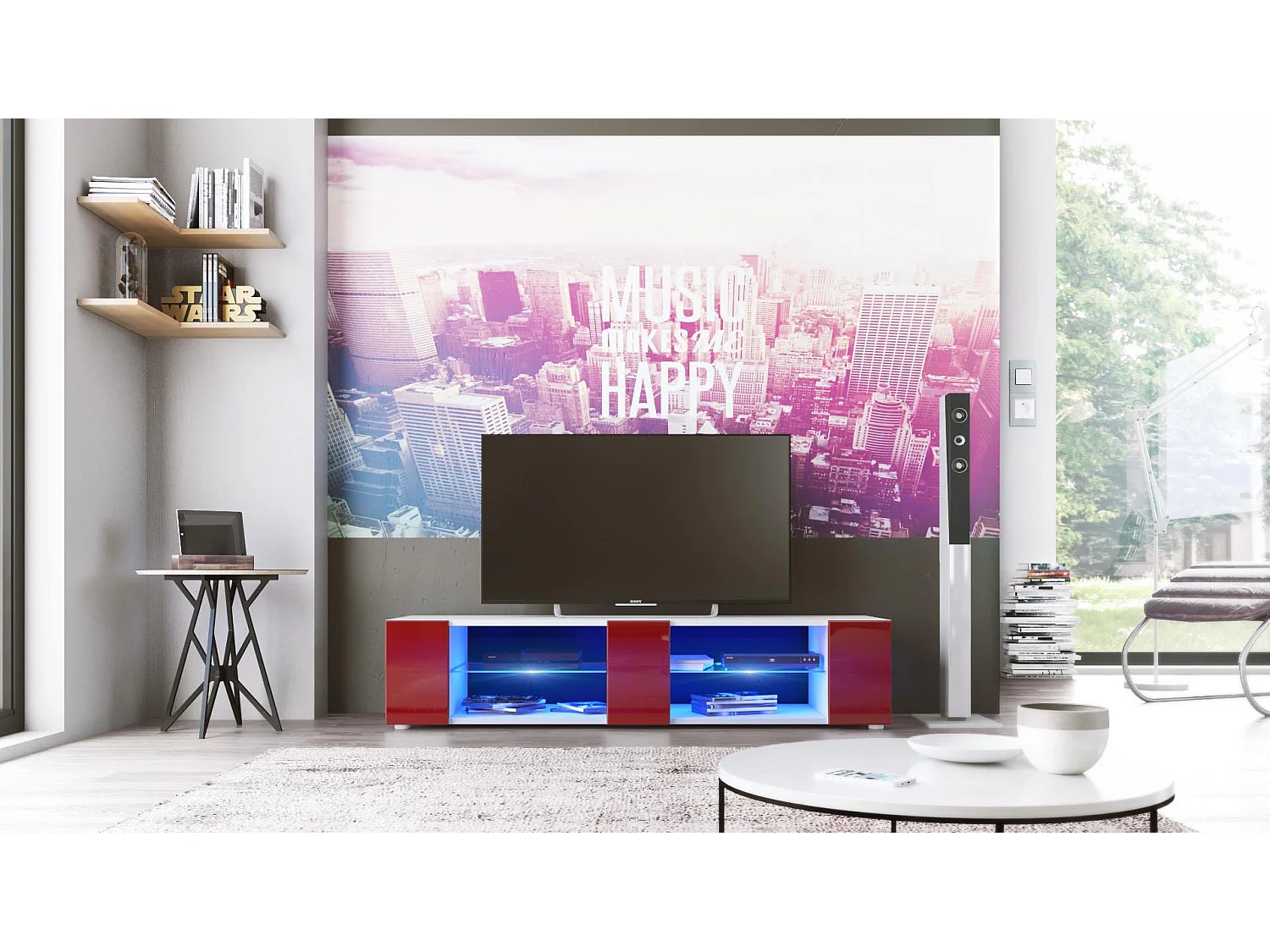 Buffet bas Movie V2, Meuble TV avec 6 compartiments ouverts et placages décoratifs, Blanc mat/Bordeaux brillant, éclairage LED bleu inclus (134 x 29 x 39 cm)